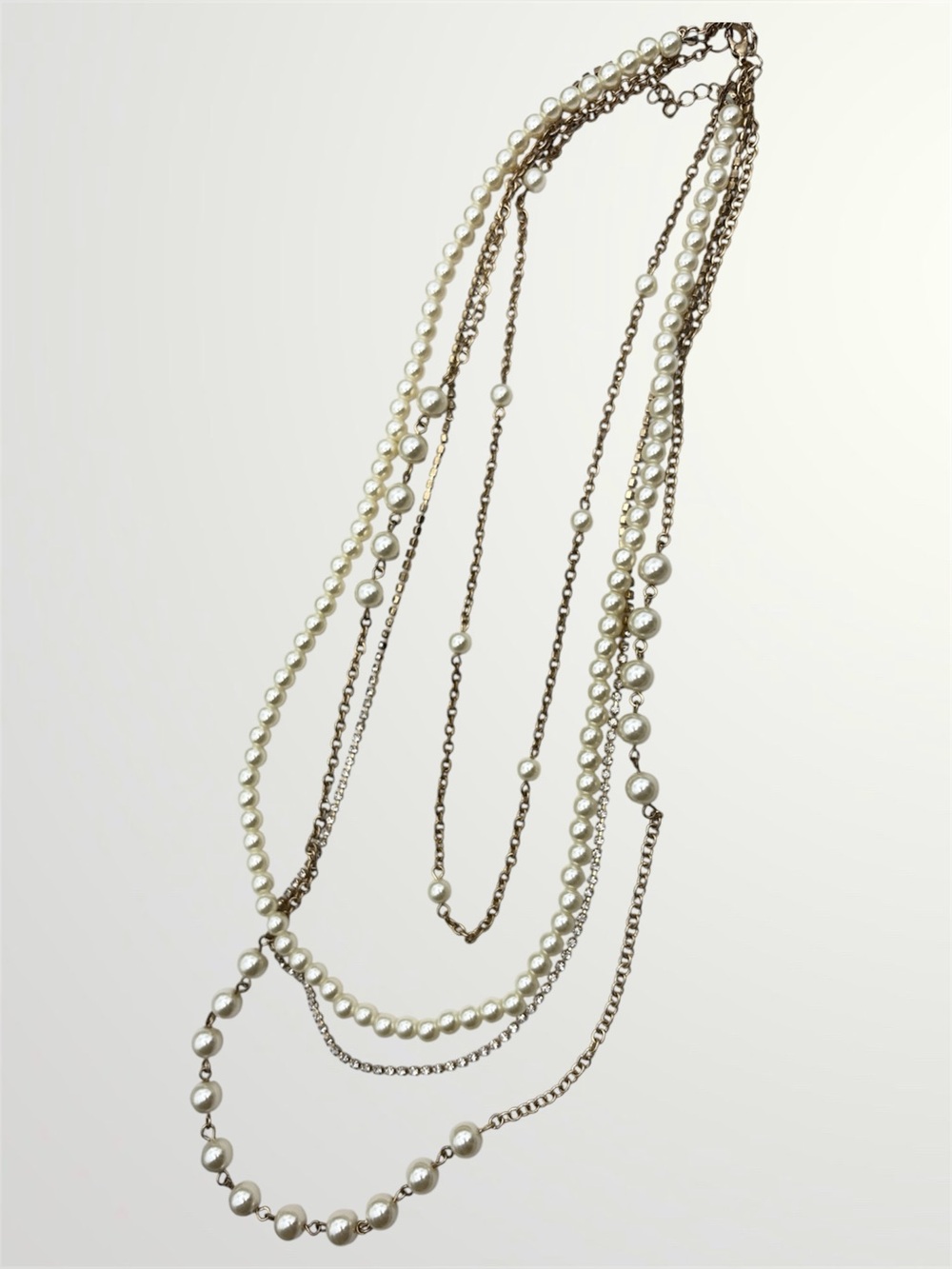 Multi-Strand Faux Pearl, Rhinestone, and Chain Necklace